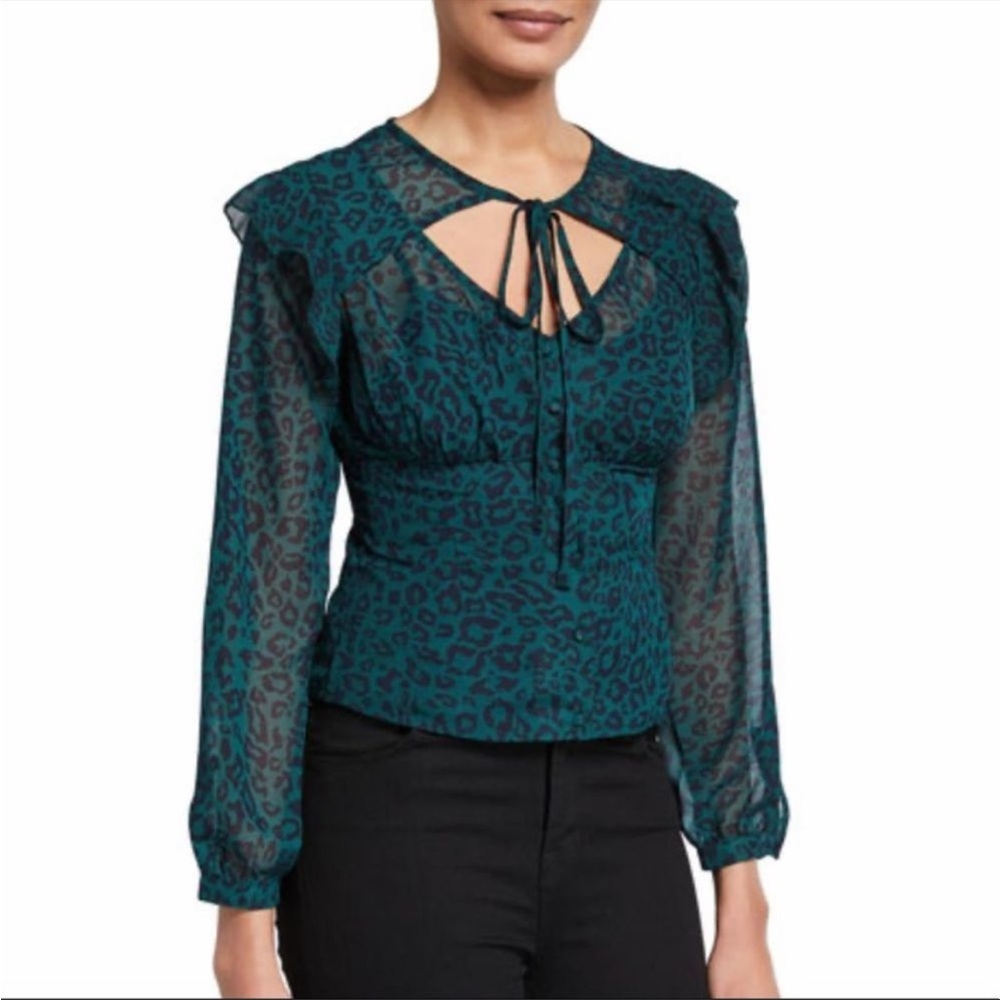 NWT Moon River Ruffle Split Tie Teal Leopard Blouse XS